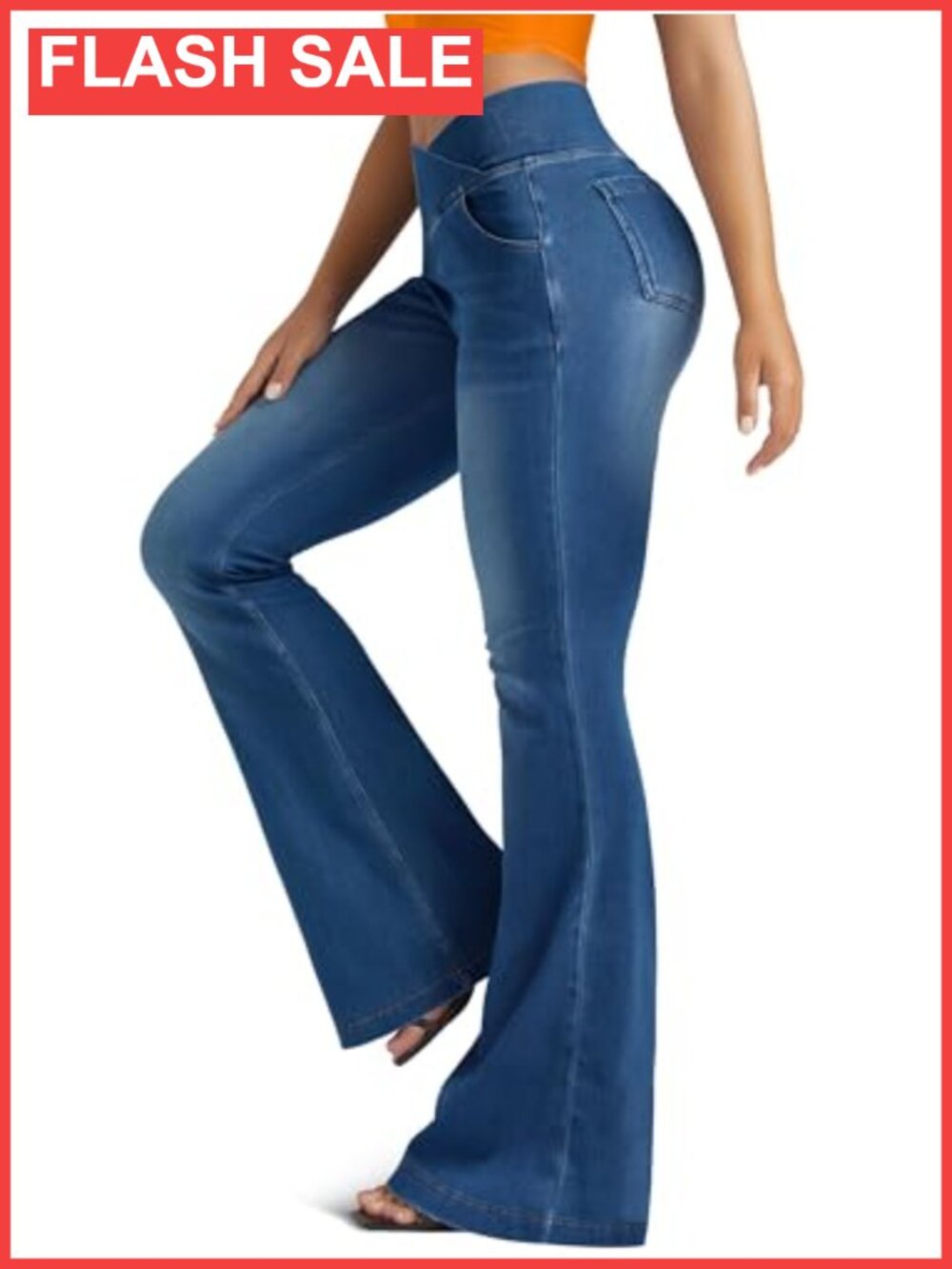Knit Stretchy Jean Leggings Crossover High Waist Bell Bottom Flare Pockets